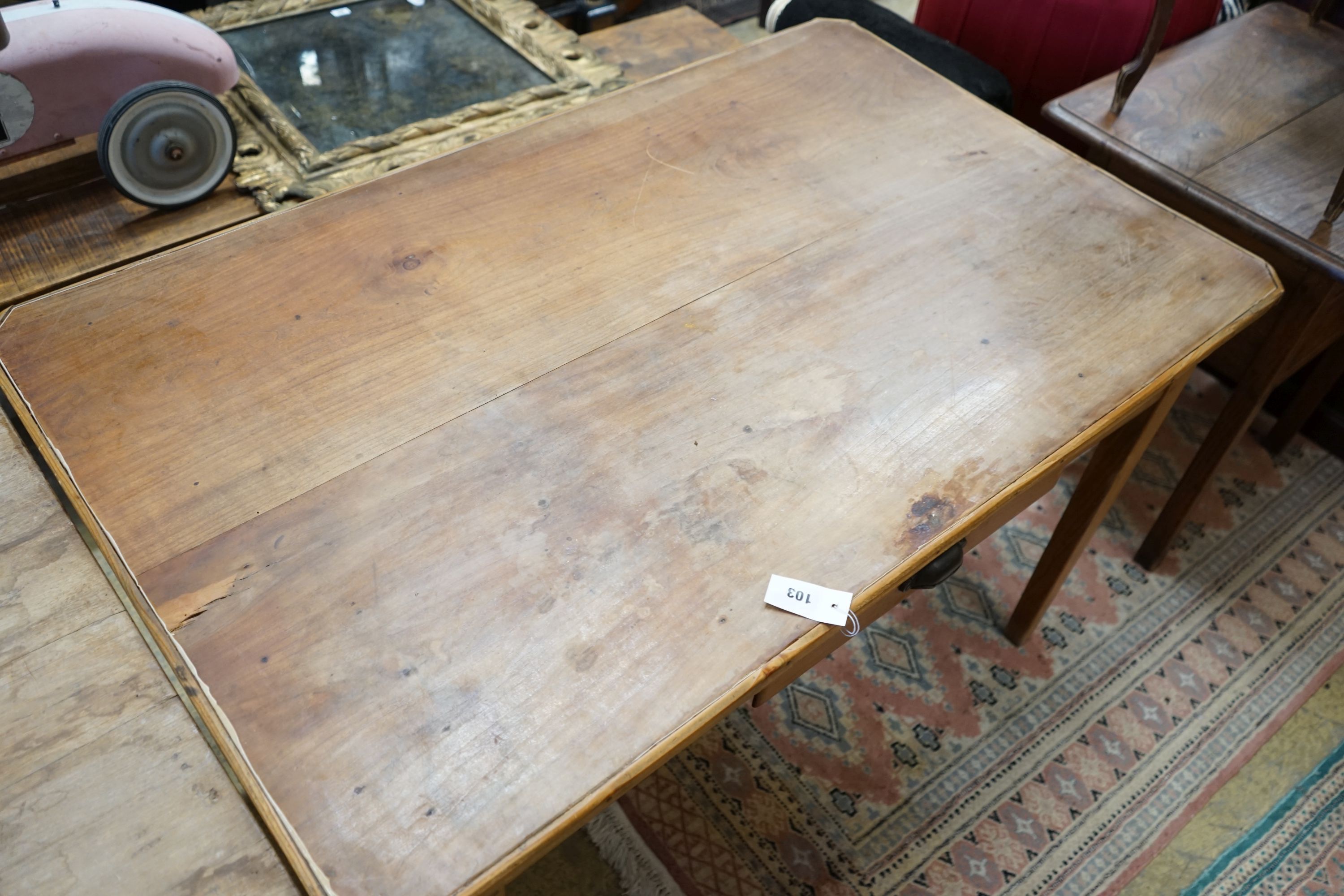 A 19th century French cherry rectangular kitchen table, length 123cm, width 76cm, height 74cm